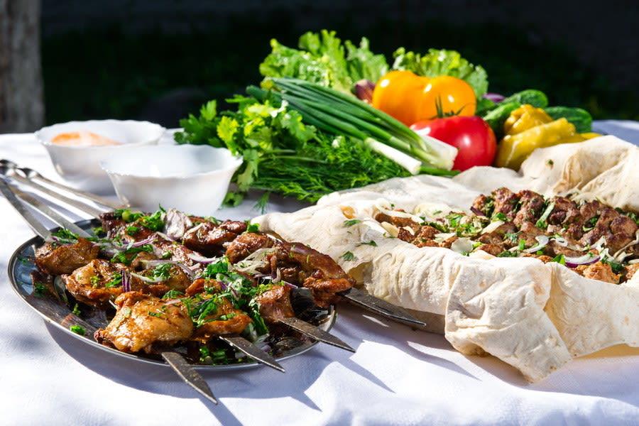 Lavash wrapped around freshly grilled khorovats